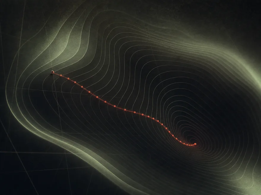 descent — a gradient-descent contour field with a path toward a minimum