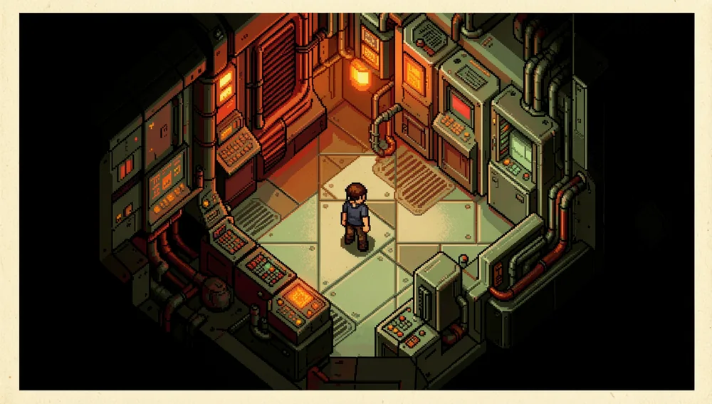Top-down pixel-art sci-fi facility room with a lone character sprite among glowing terminals.