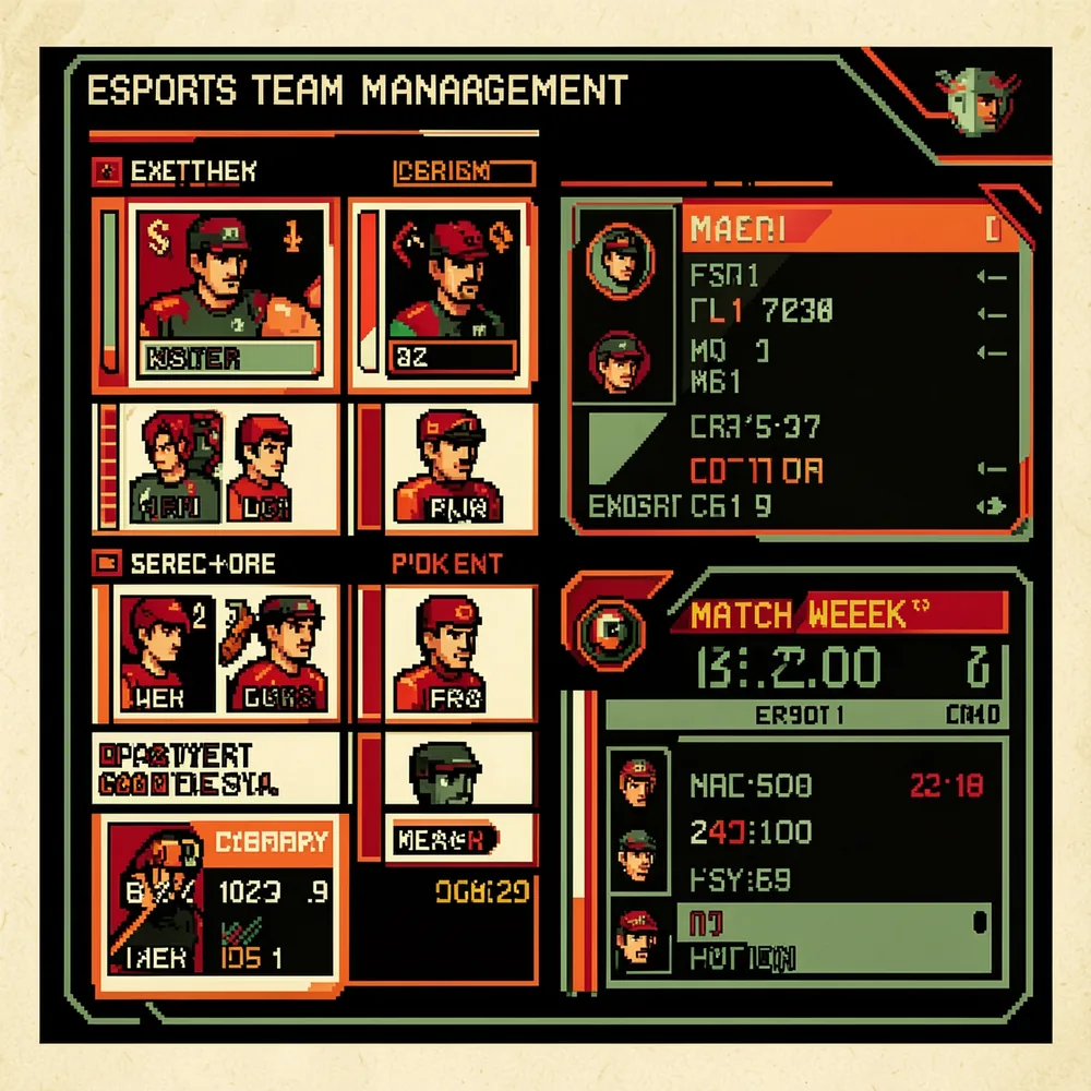 Pixel-art esports team-management dashboard with player roster cards and a match-week panel.